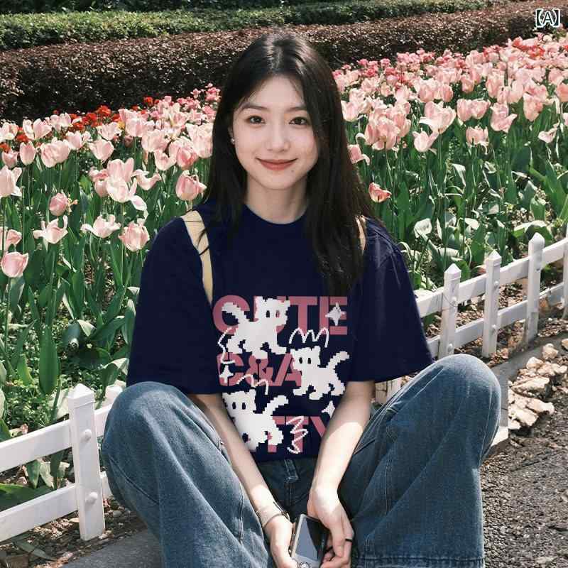 Tシャツ　レディース　かわいい ネイビーブルー コットン 半袖 Tシャツ レディース 2025夏 ホット スタイル ホワイト ストレート ショルダー トップ