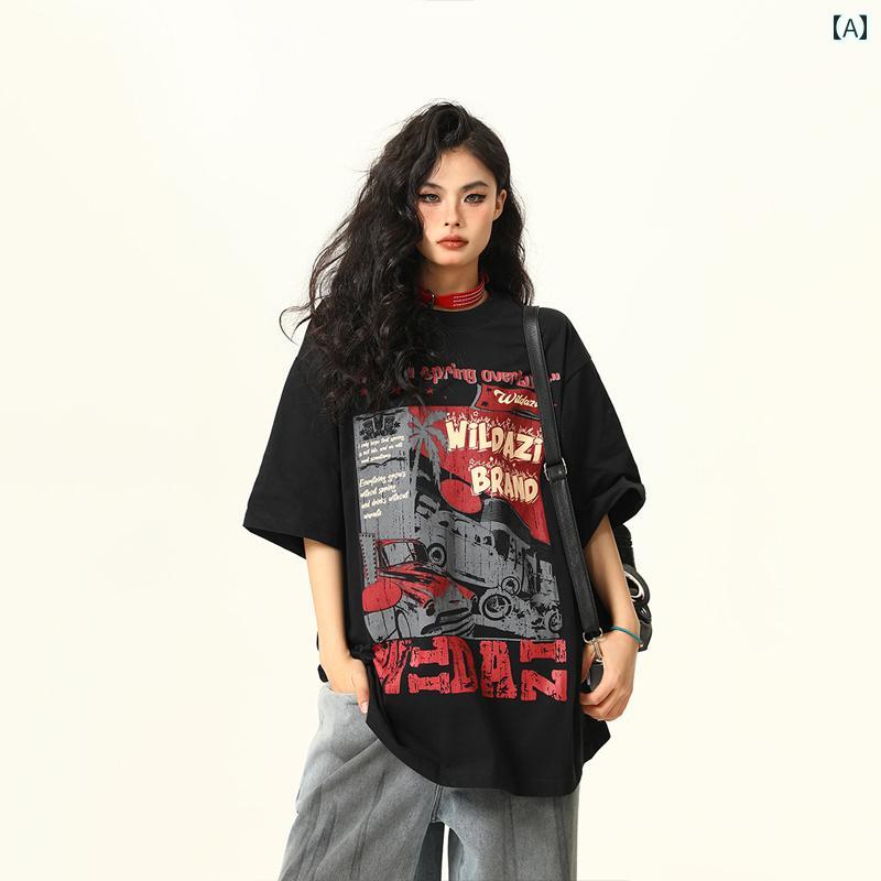 Tシャツ　レディース　かわいい アジ 2025 夏 アメリカン レトロ 半袖 Tシャツ 男女兼用 プリント