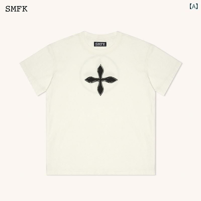 Tシャツ レディース かわいい SMFK ドリーム クロス レトロ ワイドボディ Tシャツ CT 001 W / B リン イートン 半袖 夏|みやショップ店