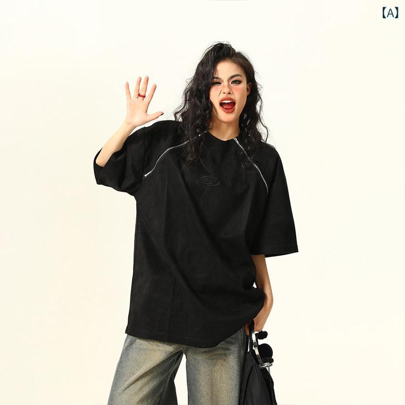 Tシャツ　レディース　かわいい アジ アメリカン レトロ スエード ダブル ジッパー 半袖 Tシャツ 男女兼用 ストリート カップル