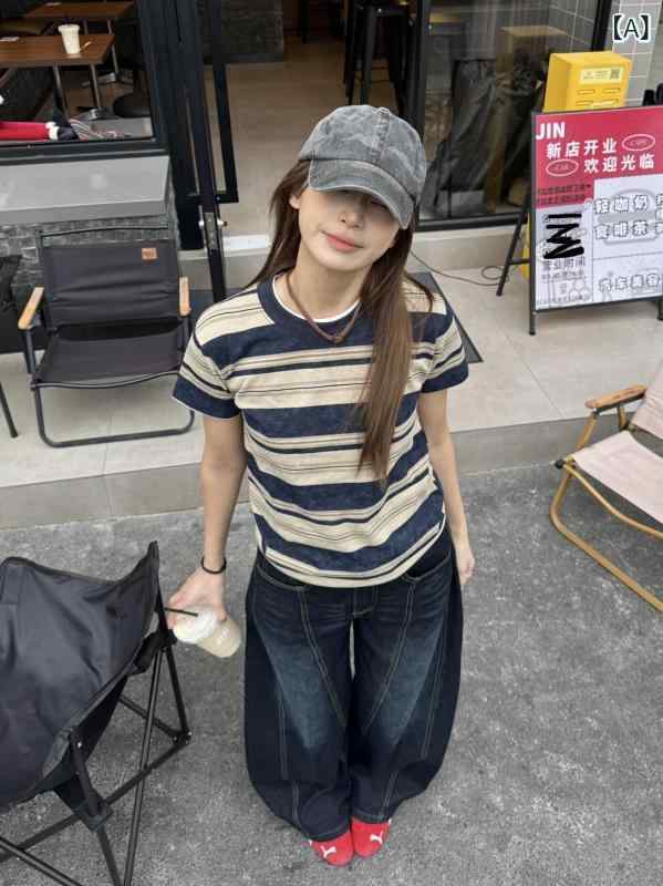 Tシャツ　レディース　かわいい XFX アメリカン レトロ ショート ストライプ ショルダー 半袖 Tシャツ 女性 夏 ストリート カジュアル スリムトップス
