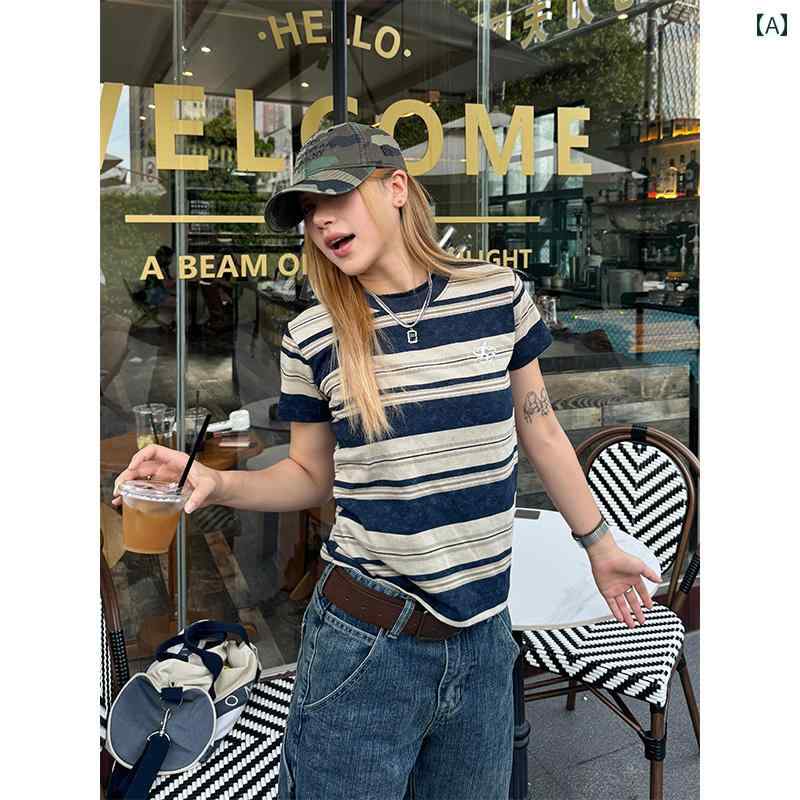 Tシャツ　レディース　かわいい チュアン イェ アメリカン レトロ ストライプ やや ゆったり 肩 半袖 Tシャツ 女性 2024 夏 トップスイン