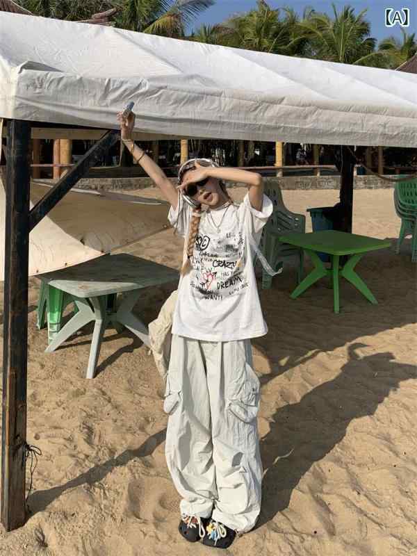 Tシャツ　レディース　かわいい 195 Daxi アメリカン レトロ グラフィティ 半袖 Tシャツ レディース 夏用 ゆったり スリム カジュアル トップス