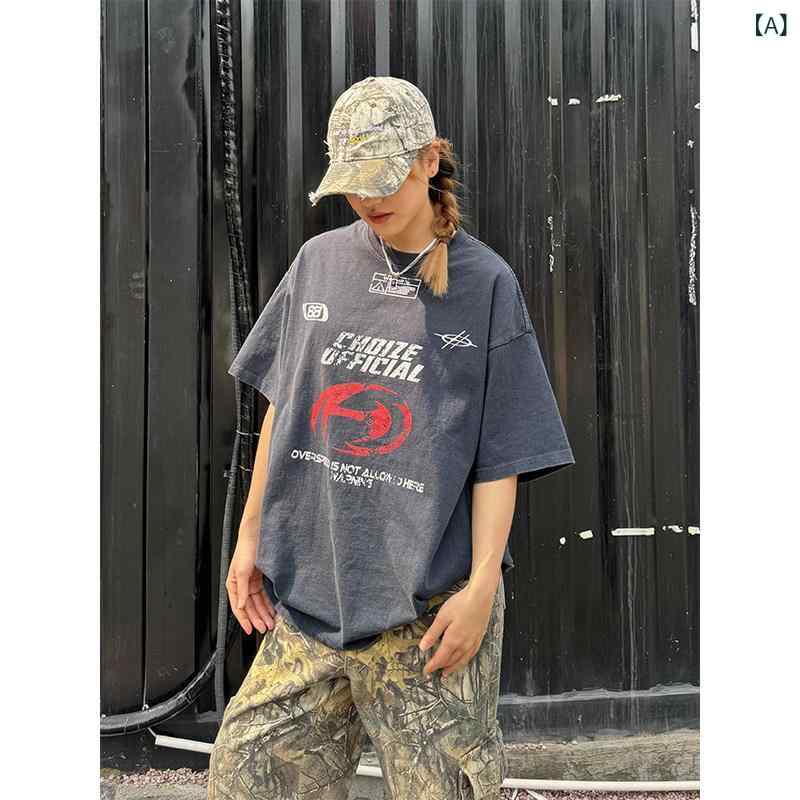 Tシャツ　レディース　かわいい Chuanchuanye アメリカン レトロ ウォッシュ ラウンドネック 半袖 Tシャツ 男女 ストリート オールド オーバー サイズ トップ 夏