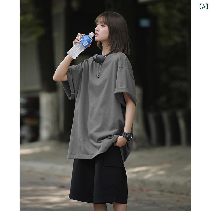 Tシャツ　レディース　かわいい ダーク グレーの ヘビーウェイト ストレート ショルダー Tシャツ 綿 アメリカン レトロ 夏 半袖 メンズ ストリート 風 カップル
