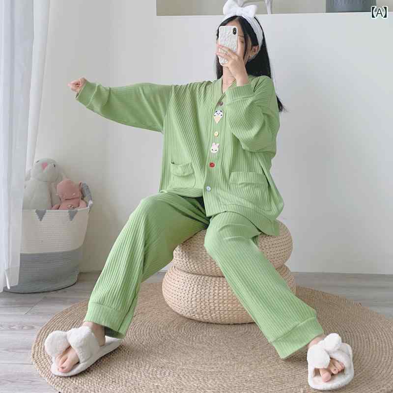 パジャマ　レディース　上下 刺繍入り Vネック ボタン 付き 大きめ サイズ 綿 パジャマ ゆったり 春秋 ツーピース スーツ 長袖 太め MM 200ポンド ホーム 服