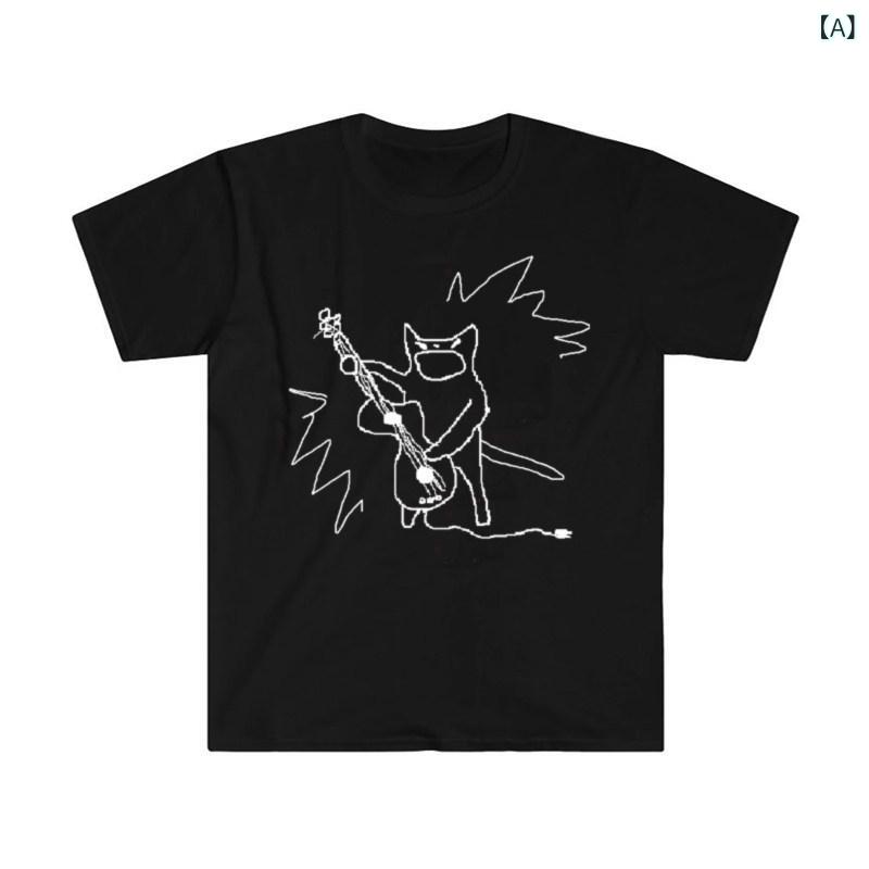 Tシャツ メンズ おしゃれ Tシャツ メンズ おしゃれ ロック アンプラグド ROCK 猫 パンク ギター ソロ ブラック コットン Tシャツ プリント 半袖