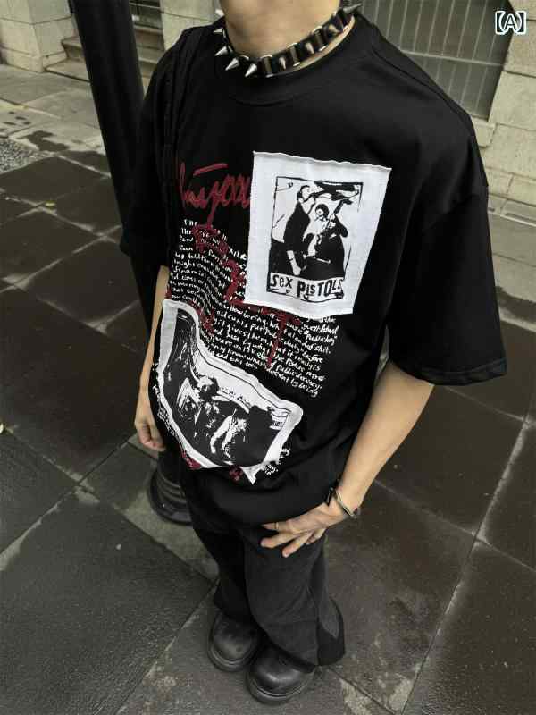 Tシャツ　メンズ　おしゃれ MASONSOUL アメリカン ストリート ヴィンテージ パッチ プリント 半袖 男女兼用 ラウンドネック Tシャツ トップス