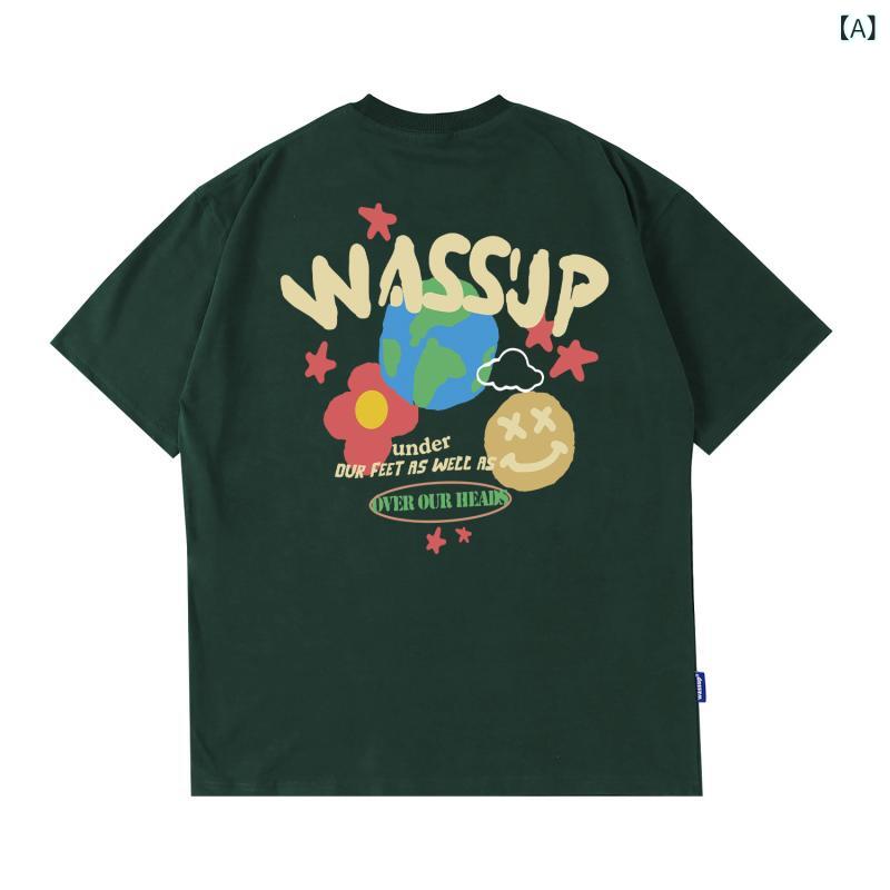 Tシャツ メンズ おしゃれ WASSUP HEODS 落書き 半袖 メンズ 夏 アメリカン ストリート ヘビー カップル Tシャツ インナー