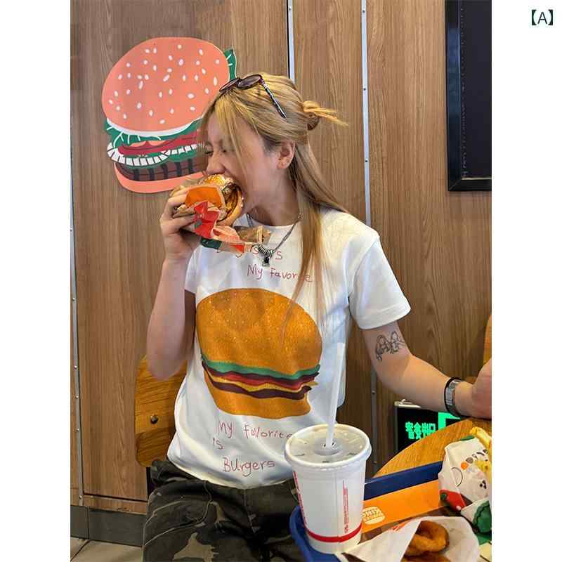 Tシャツ　メンズ　おしゃれ チュアン イエ ハンバーガー プリント ラウンドネック ストレート ショルダー 半袖 Tシャツ 女性 ストリート デイリー カジュアル サマートップス