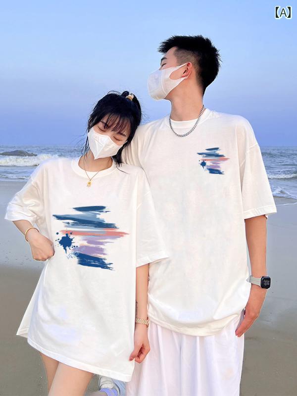 Tシャツ メンズ おしゃれ な カップルの 衣装 夏 2025 半袖 Tシャツ ハイエンド スーツ 異なる ゆったり 服 disoo