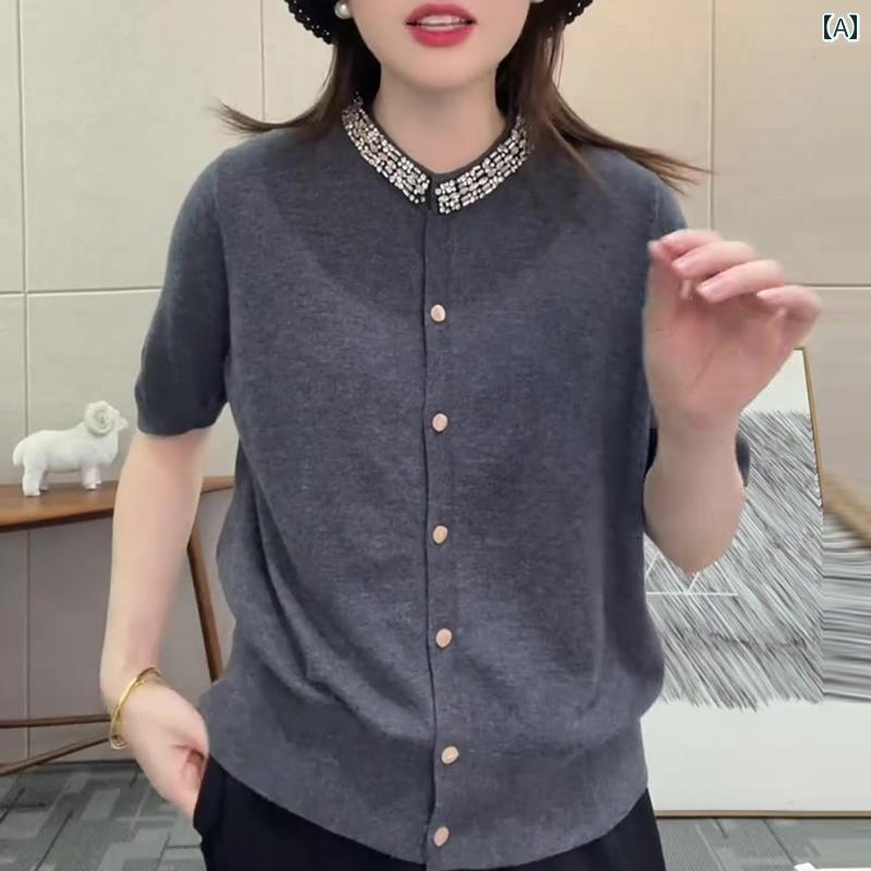 レディース　　Tシャツ　ゆったり 2025 春夏 トップス 大きいサイズレディース グレー ヘビー ラインストーン ラウンドネック 半袖 ニットカーディガン｜みやショップ店
