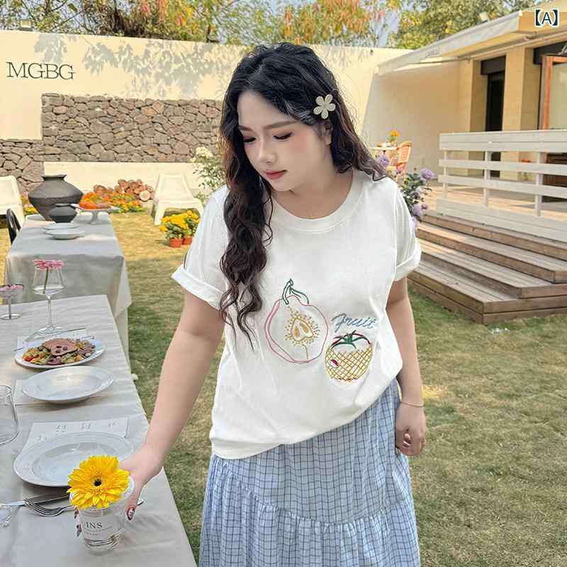トップス　レディース　Tシャツ 大きめ サイズ 婦人服【 カラフルな 夏の フルーツ 風味】 ライン 刺繍 半袖 Tシャツ 丸 首 トップス