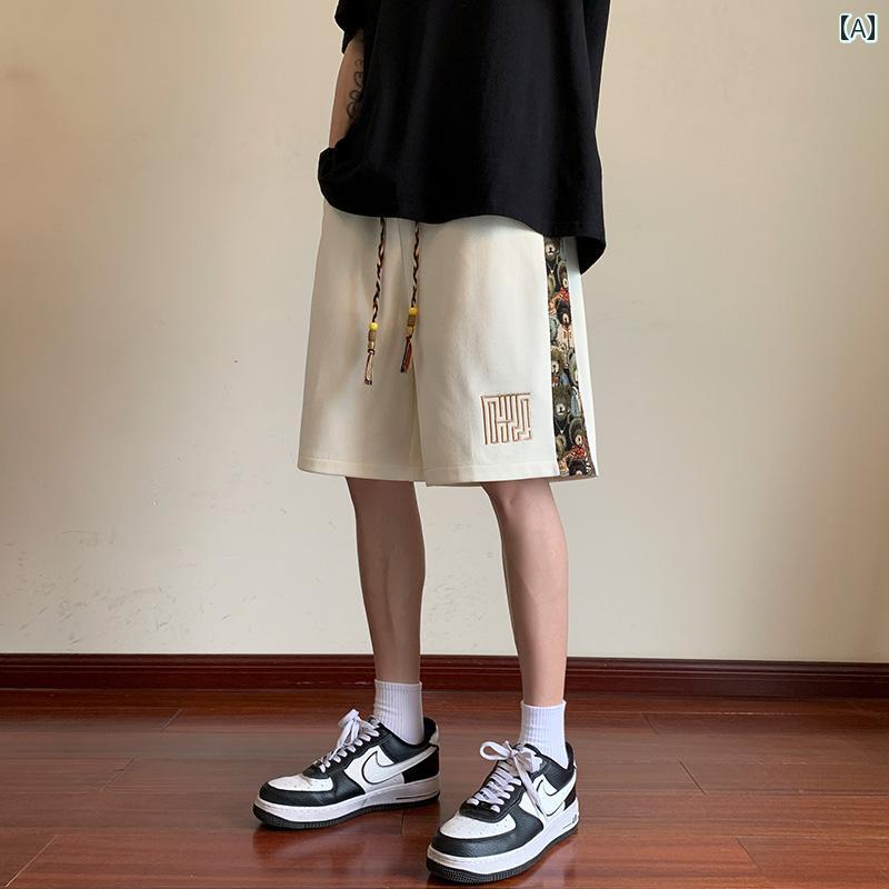 遊撃手 二分の一 ズボン下  の 熊の 刺しゅう パッチワーク 遊撃手 ズボン下 メンズ 夏 薄っぺら 民族 風 引っ切りない ゆったり 心地よい 運動競技 5点