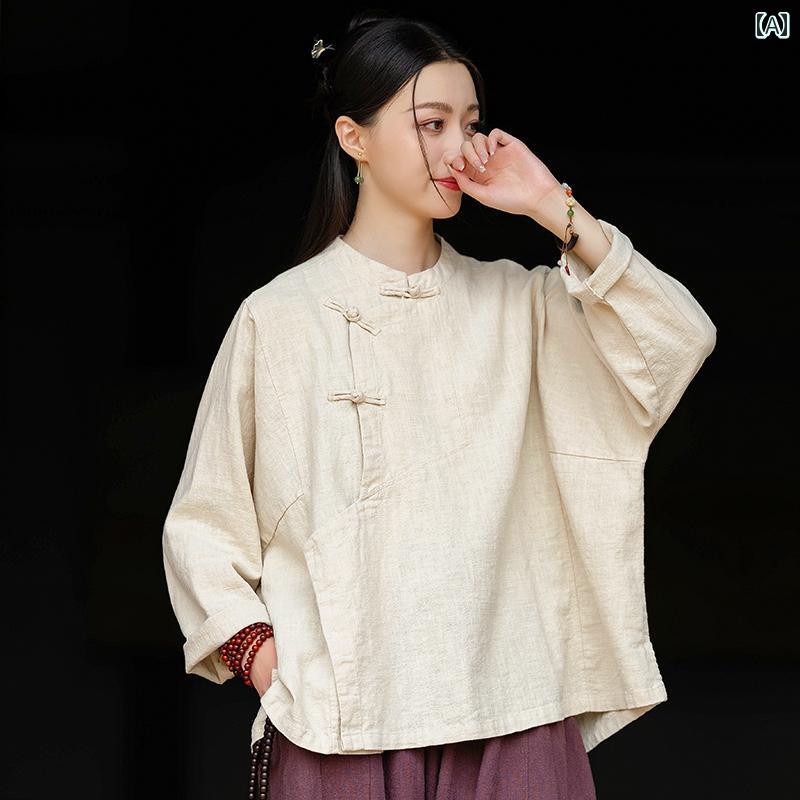 レディース シャツ トップス 瞑想服 レディース 2025 春秋 コットンリネン トップス ゆったり 長袖 シャツ レトロ ボタン スタンドカラー 斜め ティー 服|みやショップ店