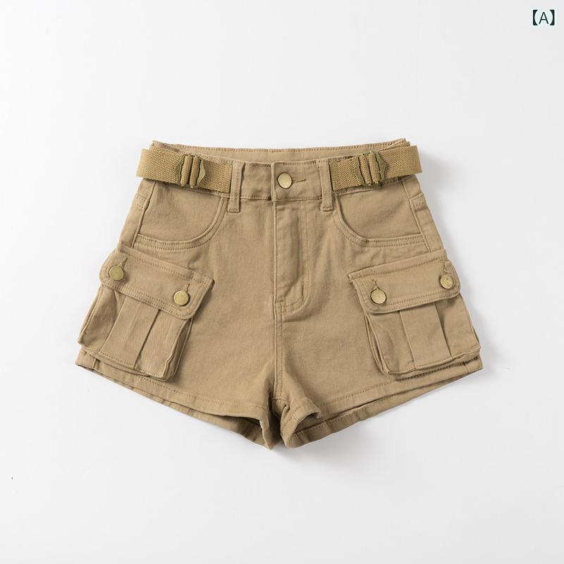 ショート ハーフ パンツ ハイウエストと 大きい ポケットが 付いた アメリカン レトロ ベルト ワーク ショート パンツ aラインの ロングレッグ カーキの カジュアル パンツと ホット