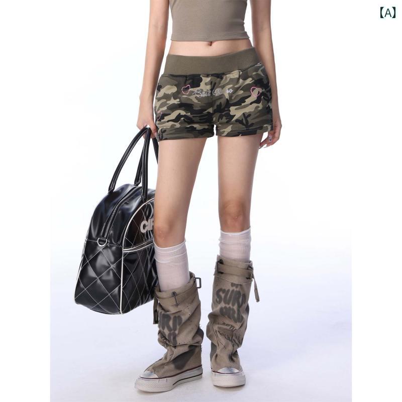 ショート　ハーフ　パンツ　 SHIYIYUE アメリカン レトロ 迷彩 カジュアル ショート パンツ レディース 2025 夏 ホット ガール ローウエスト ヒップ