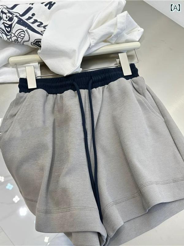 ショート　ハーフ　パンツ　 夏用 グレー スポーツ ワイド レッグ ショーツ ステッチ ウエスト ゆったり aライン ホーム カジュアル パンツ フィットネス ホット