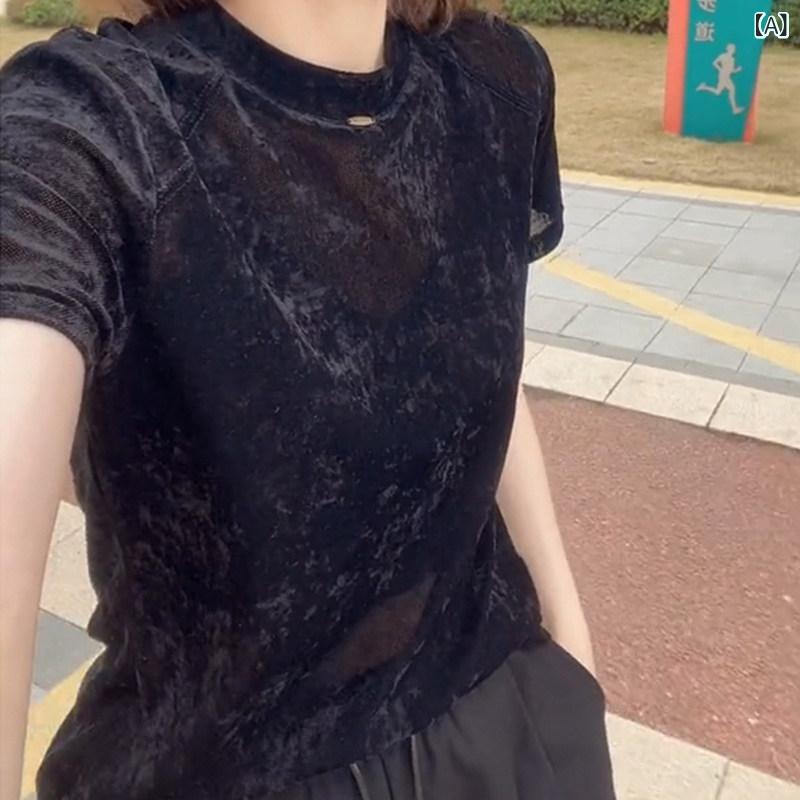 レディース　Tシャツ　半袖 MISS 大きいサイズ 黒 丸 首 Tシャツ 女性 2025 夏 スタイル おしゃれ 万能 スリム 氷 花 ベルベット 半袖