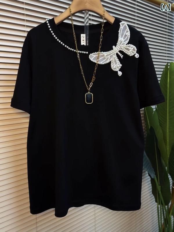 レディース　Tシャツ　半袖 大きいサイズ 婦人服 2025 夏 半袖 Tシャツ 女性 黒 丸 首 太め mm 姉妹 スリム ビーズ