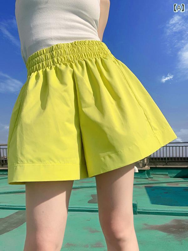 ショート　ハーフ　パンツ　 カラフルな ハイウエストショーツ レディース 2024 夏の 薄手 弾性 ウエスト スリム カジュアル a ライン ワイド レッグ パンツ