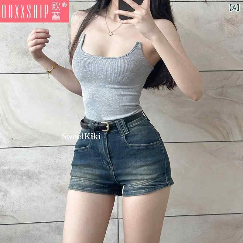 ショート　ハーフ　パンツ　 女性用 夏用 ダメージ 加工 レトロ ジーンズ アメリカン ホット ガール パンツ ワイド レッグ ショーツ ハイウエスト ストレート aライン