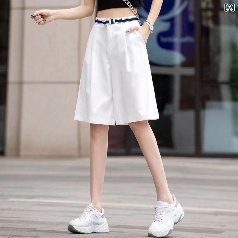 ショートパンツ　ハーフパンツ 2025 夏 薄手 スーツ ミディアム 丈 パンツ ハイウエスト スカート カジュアル ワイド レッグ ホワイト ショート 大きいサイズ 五分 レディース