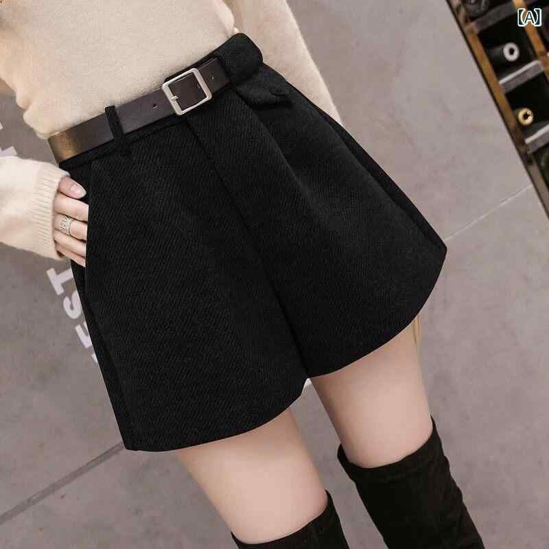 ショートパンツ　ハーフパンツ 秋冬用 レディース ショート パンツ 黒 アウター 太った 女の子向け新 サイズ mmで お腹 周りを カバー aライン ワイド レッグ ウール パンツ ボトム ブーツ パンツ