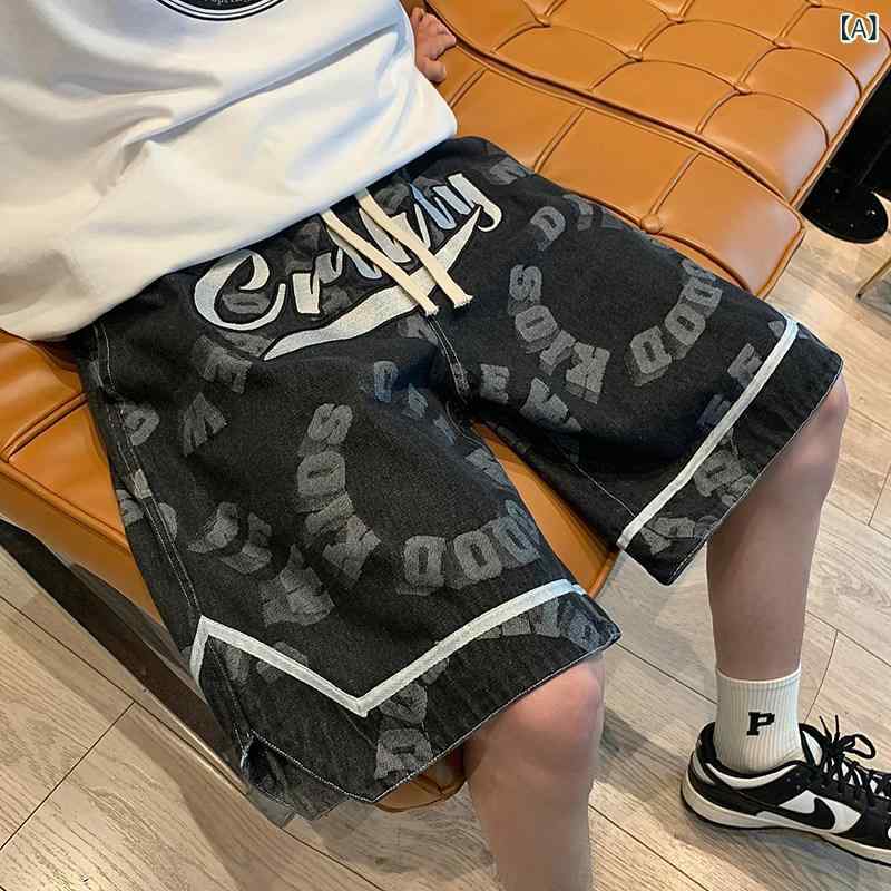 ショートパンツ　ハーフパンツ アメ 文字 プリント デニムショートパンツ メンズ 夏 ゆったり 大きいサイズ 5点 ミディアム パンツ ハイ ストリート ファッション ブランド