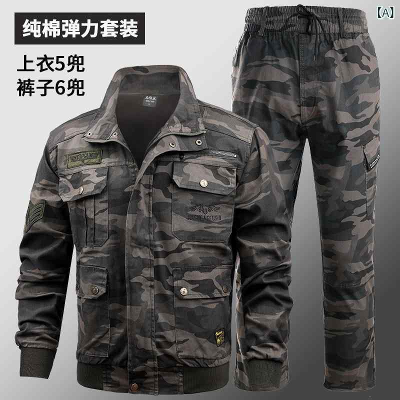作業服　セット　上下 春秋 男性用 迷彩 綿 ストレッチ 作業着 スーツ 厚手 火傷防止と 耐摩耗の 溶接 服 工場 労働者の 労働 保護