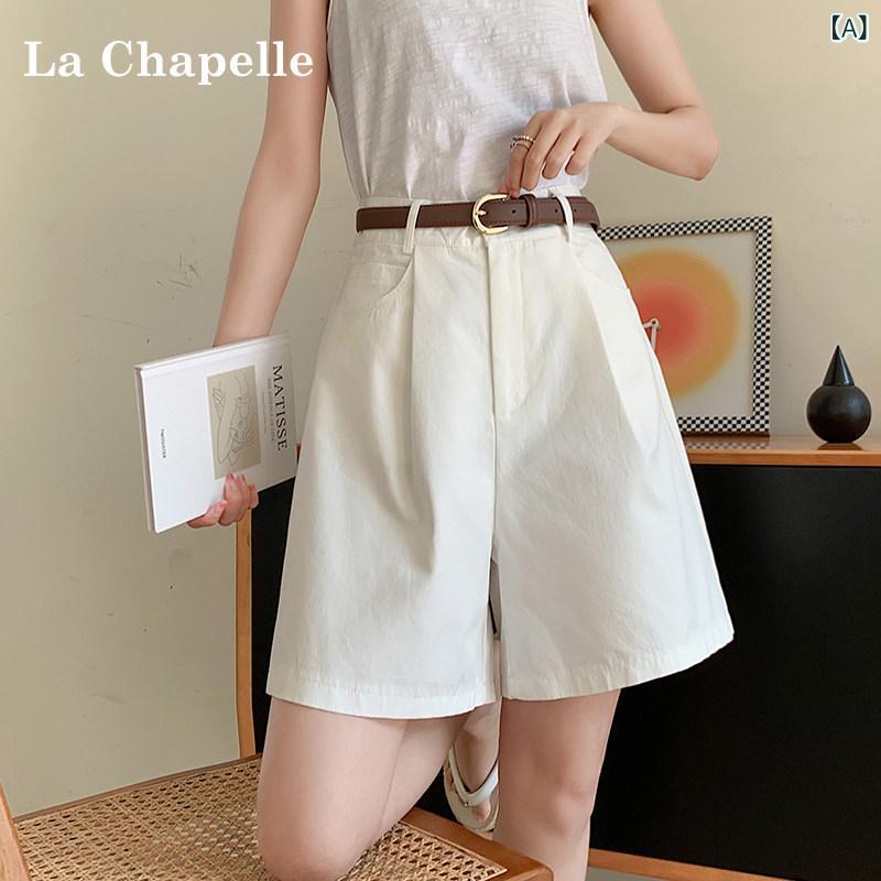 ショートパンツ　ハーフパンツ La Chapelle ホワイト コットンリネン ワーク ショーツ レディース 夏 2025 ハイウエスト 5 ポイント aライン ワイド レッグ ミドル 丈 パンツ