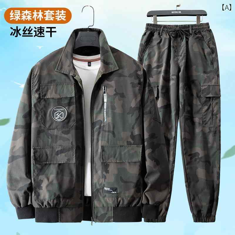 作業服　セット 夏用 薄手 作業着 スーツ メンズ 軽量 通気性 伸縮性 迷彩 レジャー アウトドア ワークショップ グリッド