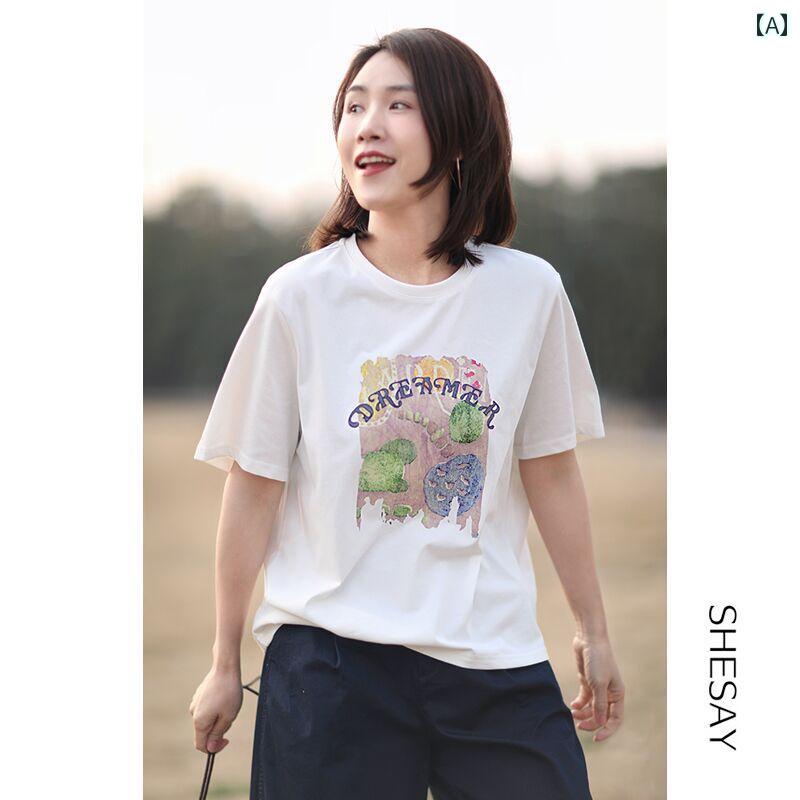Tシャツ　ゆったり　インナー シャオさんは 素材が 素晴らしいと 言っていました 良い バー ジョン シンプルで スタイリッシュ 多 用途 年齢を 減らす ゆったり カジュアル プリント ラウンドネック 半袖 Tシャツ