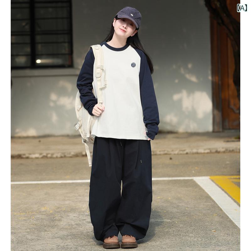Tシャツ　ゆったり　インナー 日本 レトロ の ラグランスリーブ 300 gの 厚手 コットン 長袖 Tシャツ 女子 学生 スポーツ ゆったり シルエット トップス