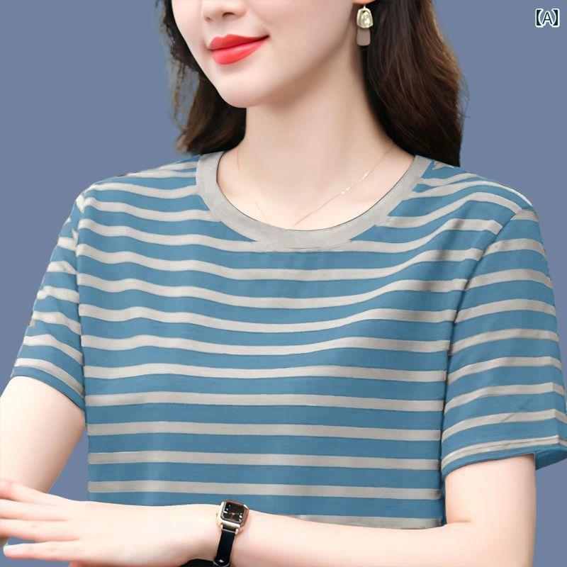 Tシャツ　大きいサイズ ブランド 綿 半袖 Tシャツ レディース 夏用 大きいサイズ ゆったり カジュアル ラウンドネック ストライプ 多 用途 太い mm