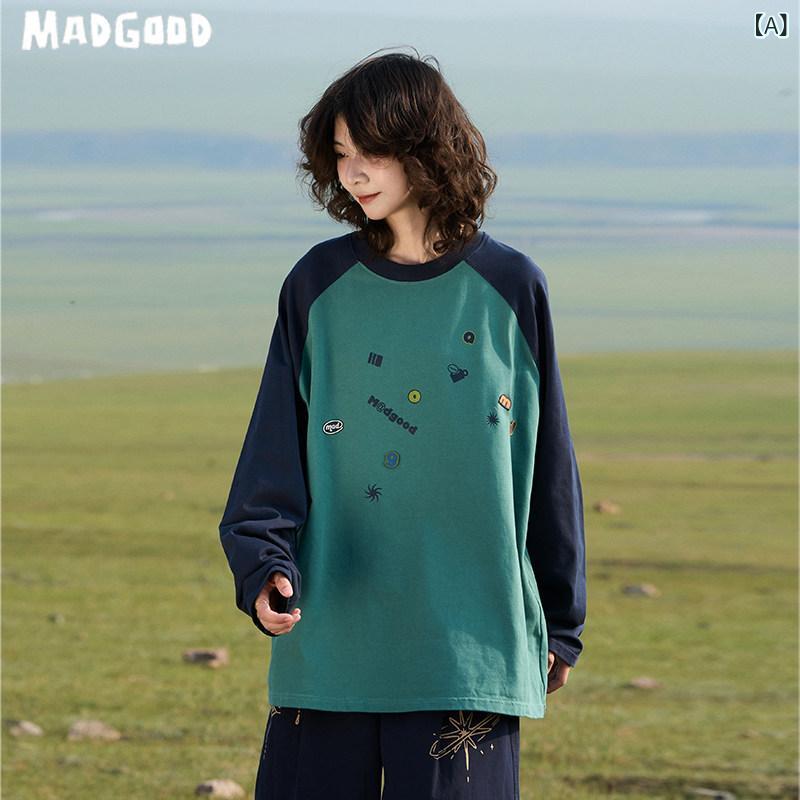 ティーシャツ レディース  ティーシャツ レディース Madgood 和風 235 g 綿織物 ゆったり おもしろ 刺しゅう 刷り上げる 色つやマッチング ラグラン衣袂 長袖 ティーシャツ