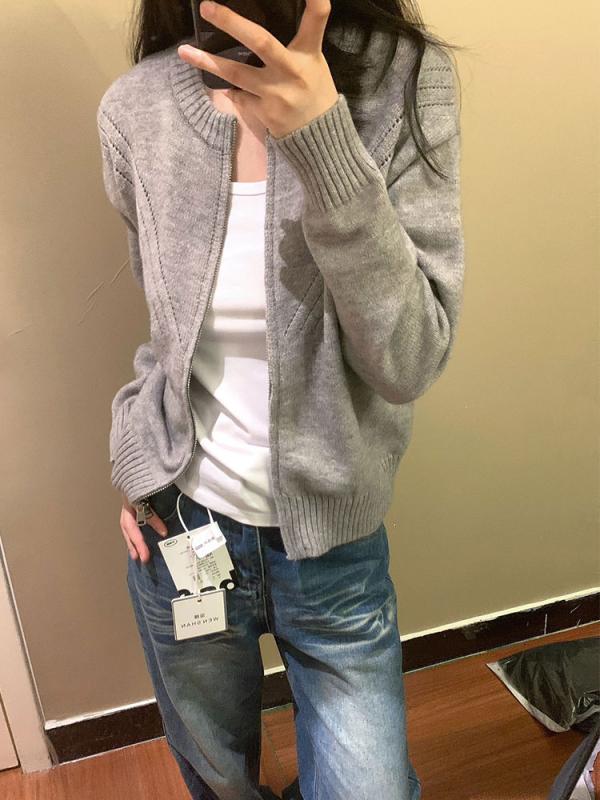 ニット　レディース　カーディガン アメリカン カジュアル スリム 秋 ラウンドネック ジッパー ニットカーディガン トップ 女性 ショート セーター ジャケット イン