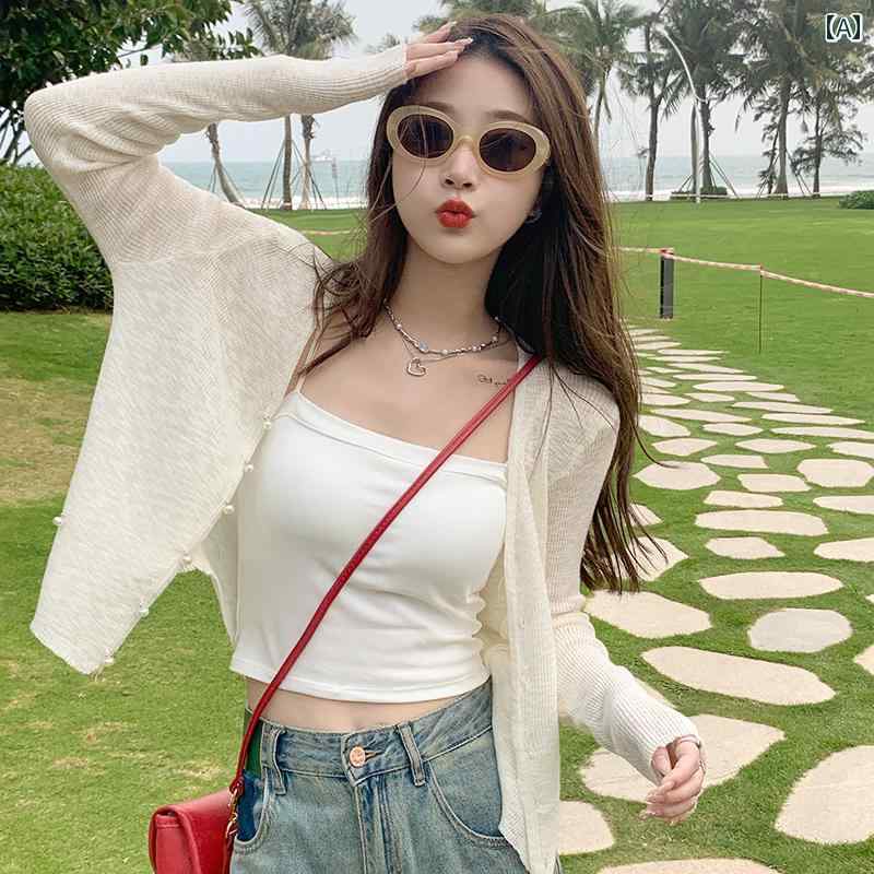 ニット　レディース　カーディガン 女性用 日焼け 止め ジャケット 薄型 スタイル 2025年 夏用 服 小さい サイズ ニットアウター カーディガン ホワイト ショート