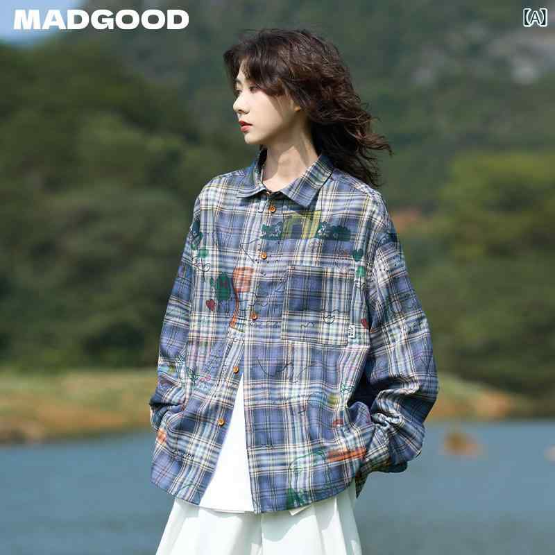 レディース チェック トップス Madgood 日本 春の ゆったり 万能な ベーシック 楽しい フル プリントの グラフィティ 糸 染め チェック シャツ|みやショップ店