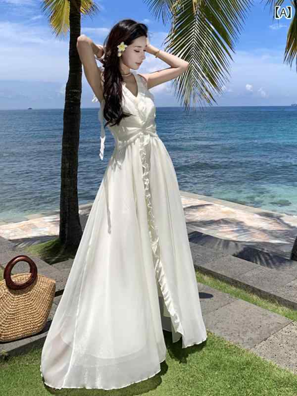 ワンピース ドレス レディース フランスの 優しい シフォン ホルターネック サスペンダー ドレス フェアリーの 夏の の 高級 海辺の 休日の ロング