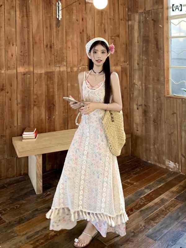 ワンピース ドレス レディース ファン トム フェアリー レイ ヤード ホルターネック 花柄 ロング スカート レース ウエスト フランス サスペンダー ドレス ツーピース スーツ｜みやショップ店