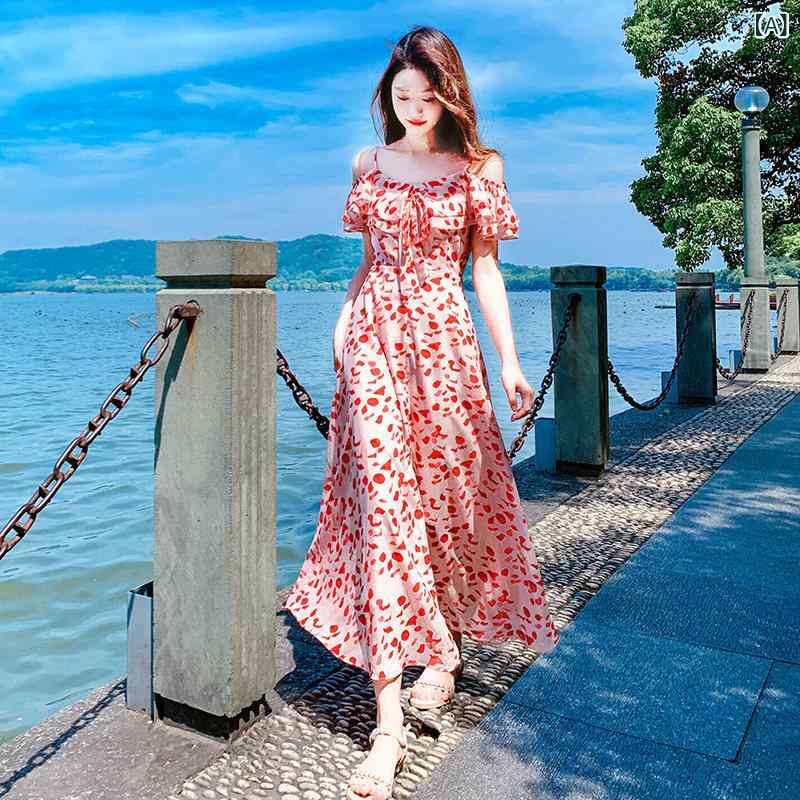 ワンピース ドレス レディース 夏の スリング 蓮の葉の 袖の フェアリー シフォン 花柄 ロング スカート ロード ショルダー ウエスト ドレス ビーチ ホリデー スタイル 7,343円