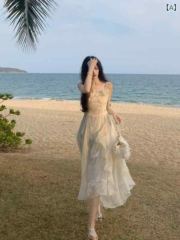 ワンピース ドレス レディース 桃色の イ ケット 月と 海 サスペンダー ドレス 女性用 夏用 無地 ウエスト 痩せ ロング ドレス｜みやショップ店 7,533円