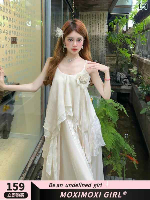 ワンピース ドレス レディース MOXI レトロ ローズ レース 立体 花 不規則 サスペンダー スカート 女性 ホリデー ドレス