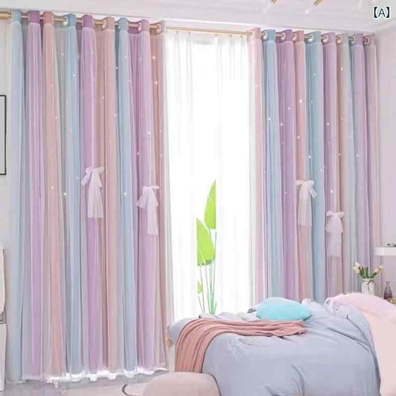 カーテン 遮光 レース の プリンセス 女の子 部屋の カーテン 寝室の 遮 光 星 バルコニー 出窓 二 重層 布 糸 統合