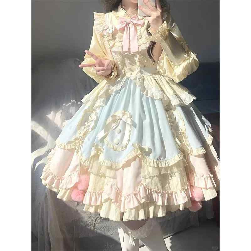 レディース ロリータ 衣装 愛くるしげ 甘め 長袖 遊撃手丈 青色 サクラ色 ふんわり 妃殿下 太陽フレア スコート 音の大きさ 影ぼうし ガーリー 表現スタイル