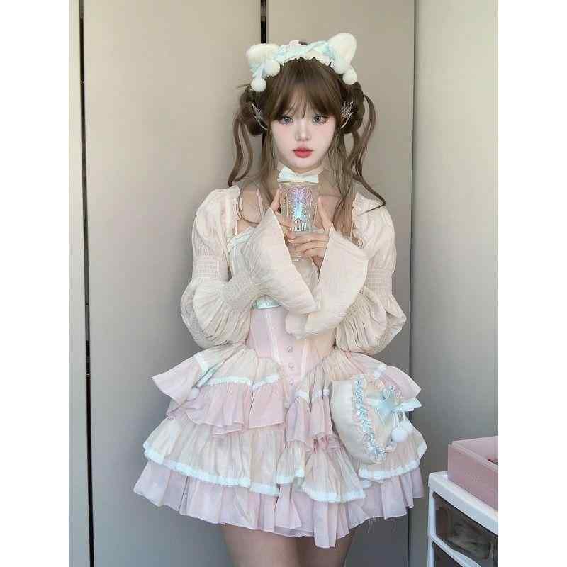 レディース ロリータスカート かわいい 甘め 減齢 配色 切り替え 凝った ウエストシェイプ おしゃれ フレア ボリューム シルエット ティアードスカート 少女向け ファッションx2｜みやショップ店