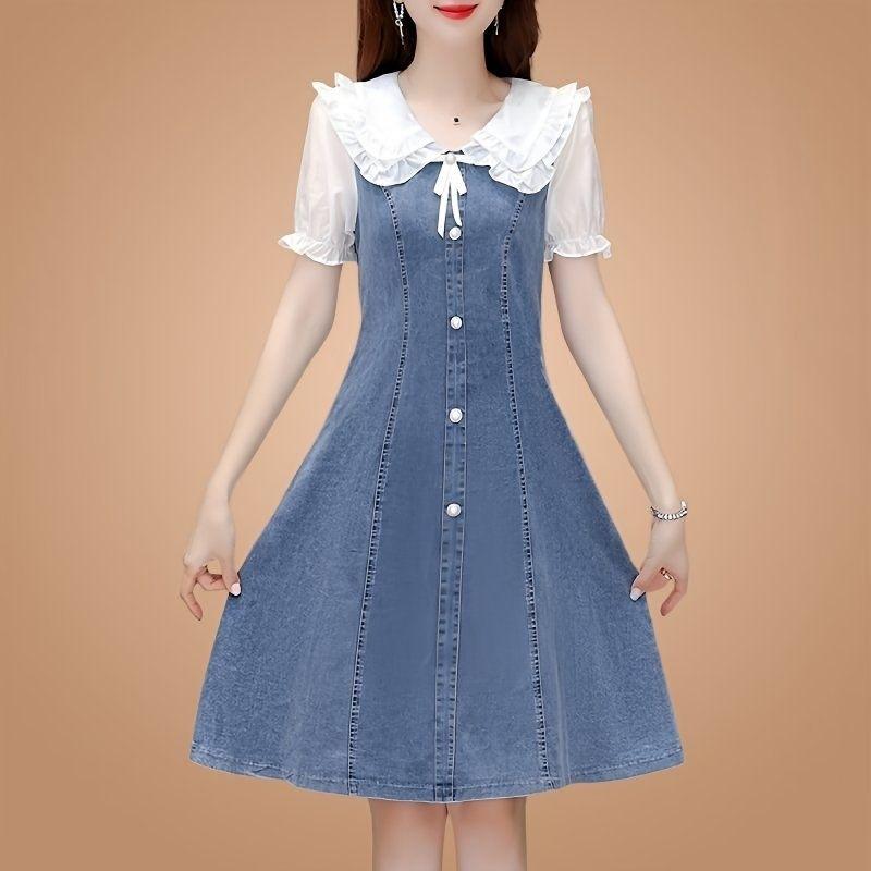 女性用 夏 デニム ワンピース パフスリーブ 収腰 スリム フェミニン スタイル 涼しい 吸湿速乾 普段使い