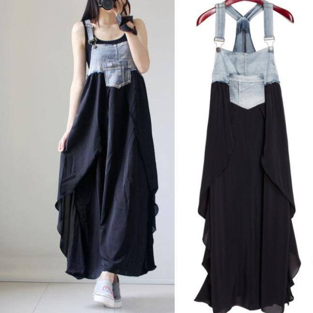 ワンピース レディース 春夏 大きめサイズ ゆったり デニム シフォン 切り替え サスペンダースタイル スタイルアップ カジュアル ファッション 軽量 通勤 普段使いx2