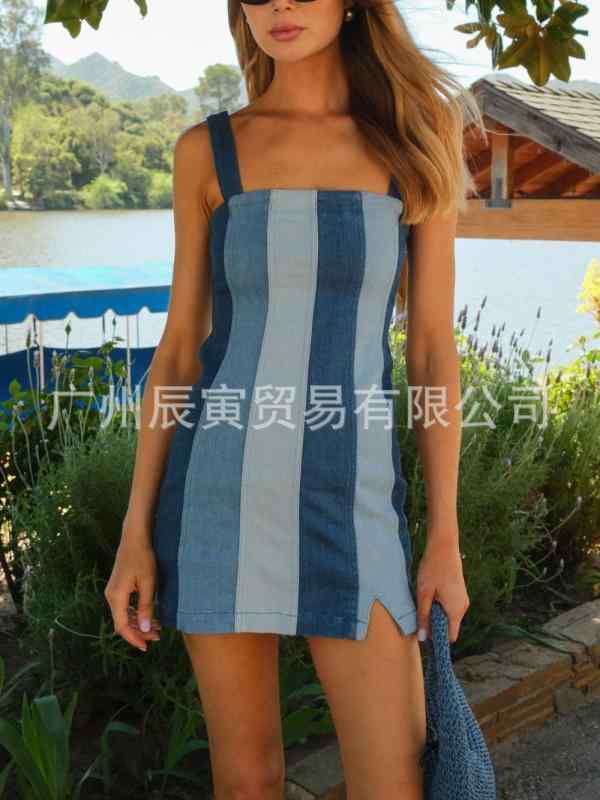 スカート レディース 夏用 デニム ストラップ ブルー系 ストライプ スリムフィット スリム見え ストリートスタイル 軽量 伸縮性x2